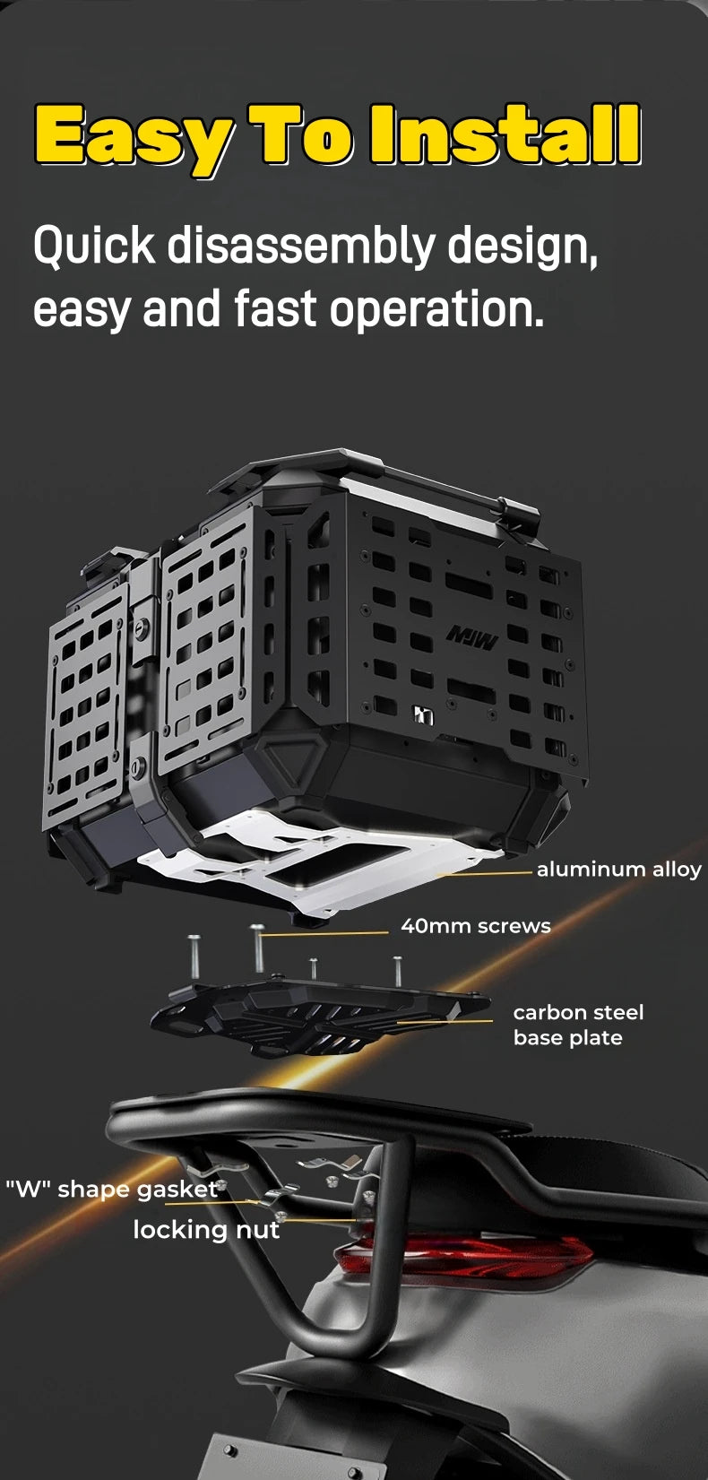 55L / 65L Aluminum Motorcycle Top Box – Folding Armor Rear Luggage with Backrest