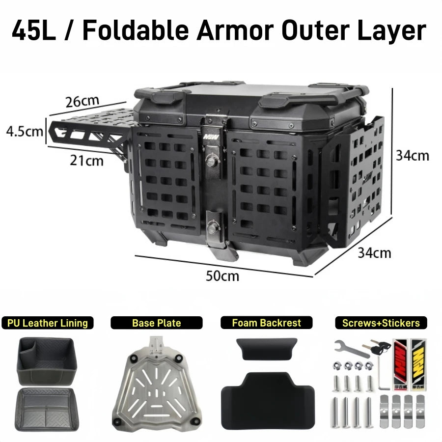 55L / 65L Aluminum Motorcycle Top Box – Folding Armor Rear Luggage with Backrest