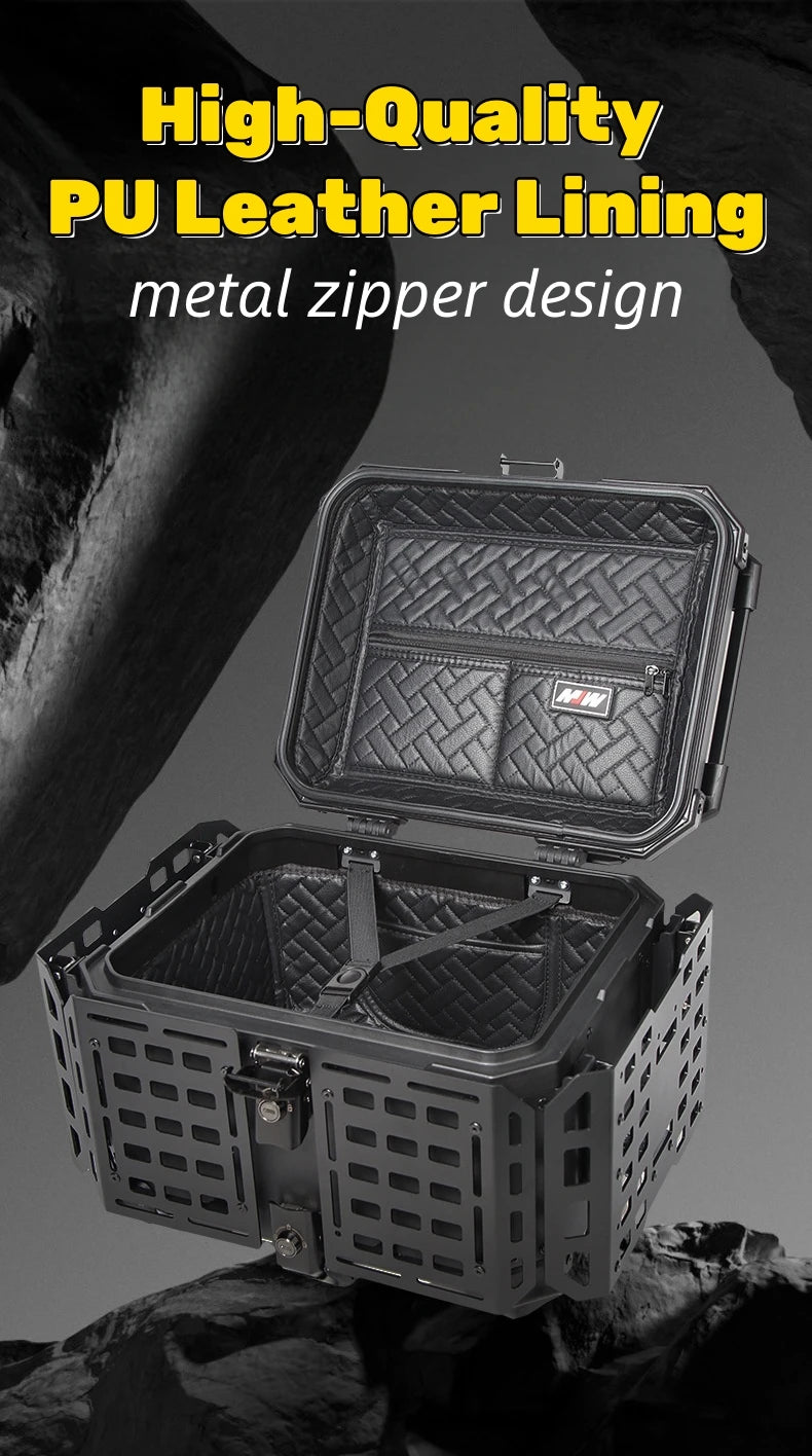 55L / 65L Aluminum Motorcycle Top Box – Folding Armor Rear Luggage with Backrest