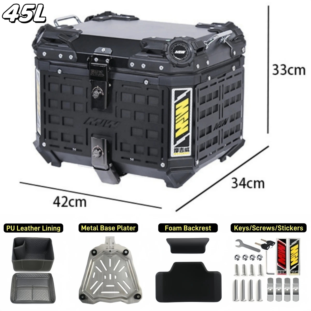 55L / 65L Aluminum Motorcycle Top Box – Waterproof Armor Rear Luggage with Backrest