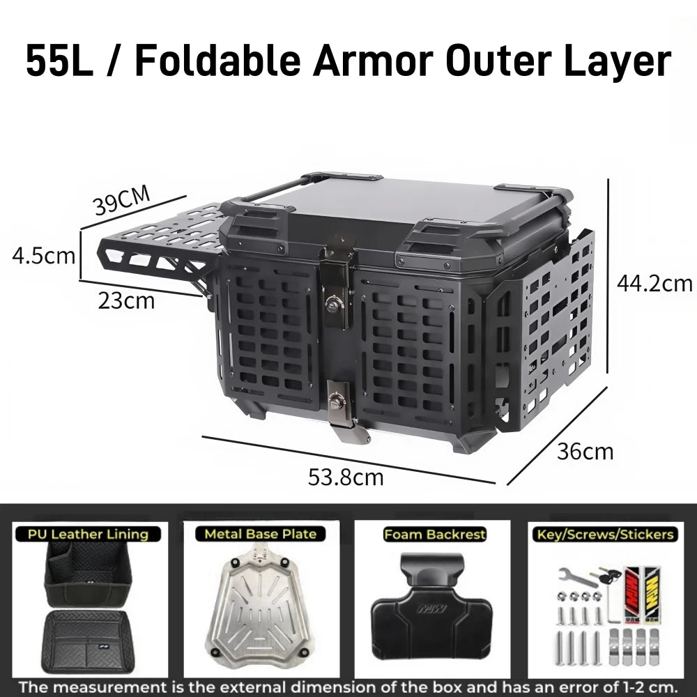 55L / 65L Aluminum Motorcycle Top Box – Folding Armor Rear Luggage with Backrest