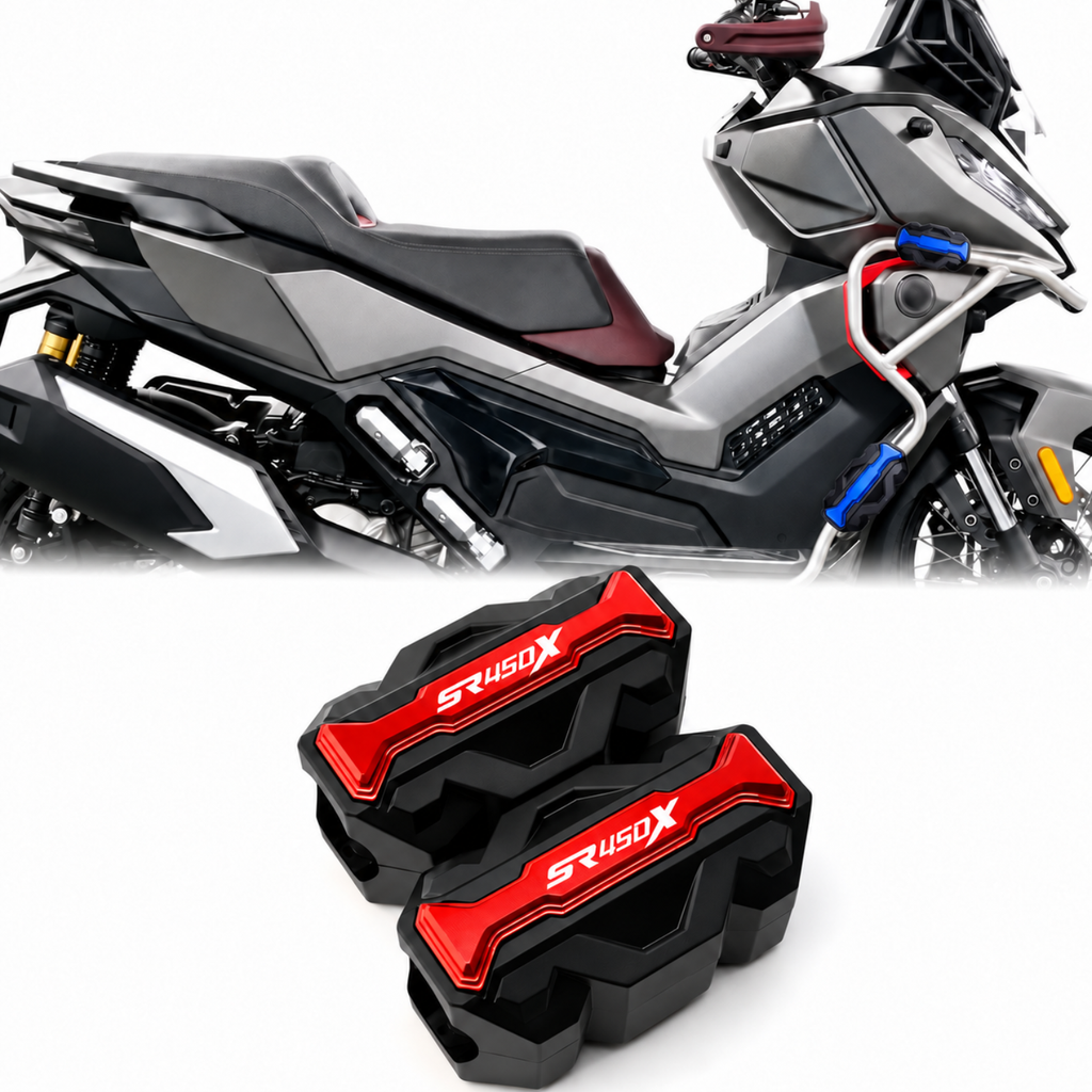 Red crash bar sliders on VOGE SR450X crash bars