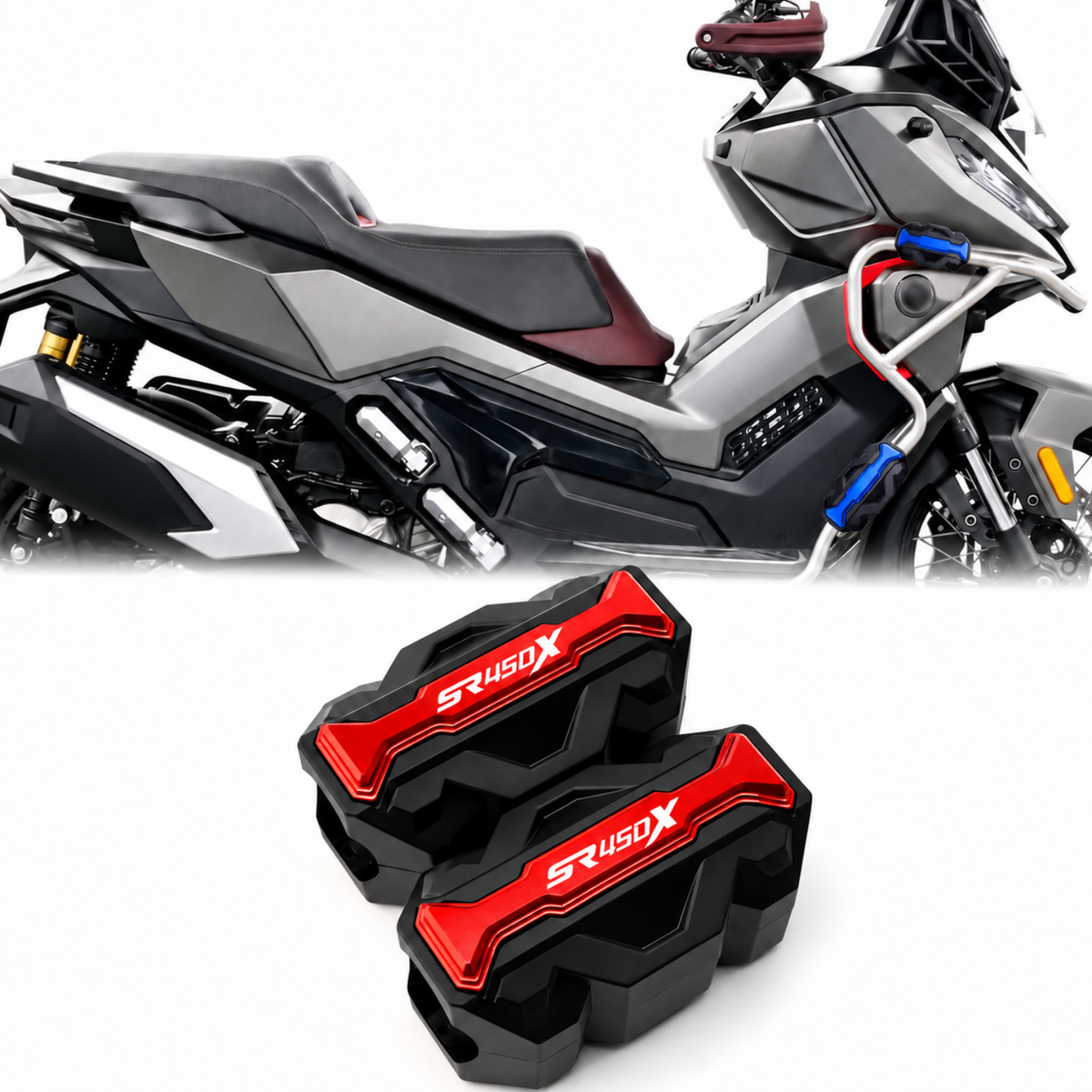 Red crash bar sliders on VOGE SR450X crash bars