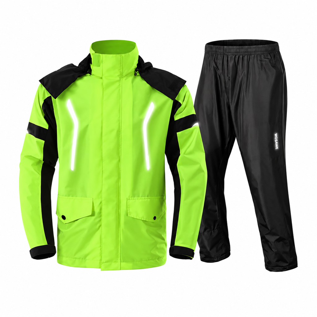 Traje de lluvia para moto reflectante, chaqueta verde flúor y negra con pantalón – imagen principal