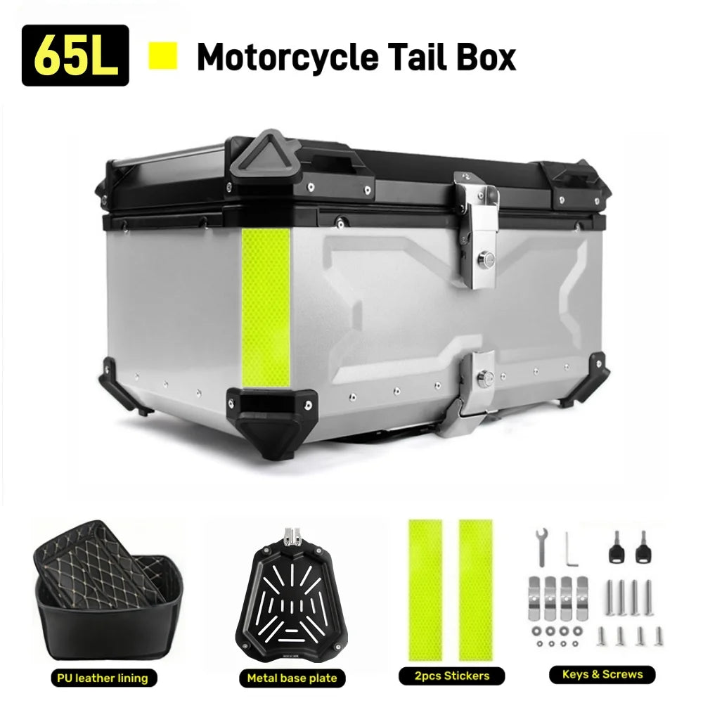 65L Aluminum Motorcycle Top Box - Waterproof Rear Trunk with Quick Release Mount