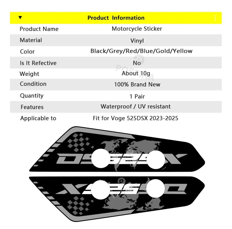 POSFIRA Front Fender Sticker Vinyl Decals for VOGE Valico 525DSX / DS525X (2023–2025)