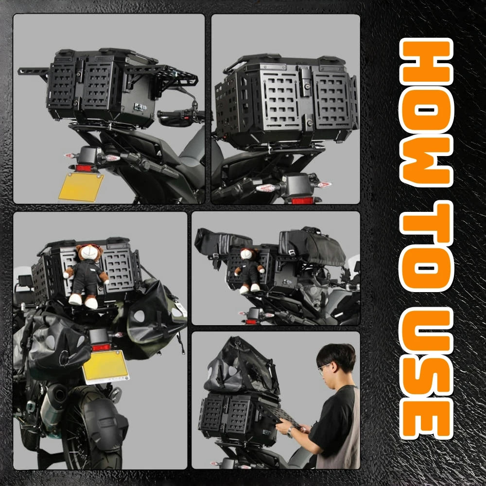 55L / 65L Aluminum Motorcycle Top Box – Folding Armor Rear Luggage with Backrest