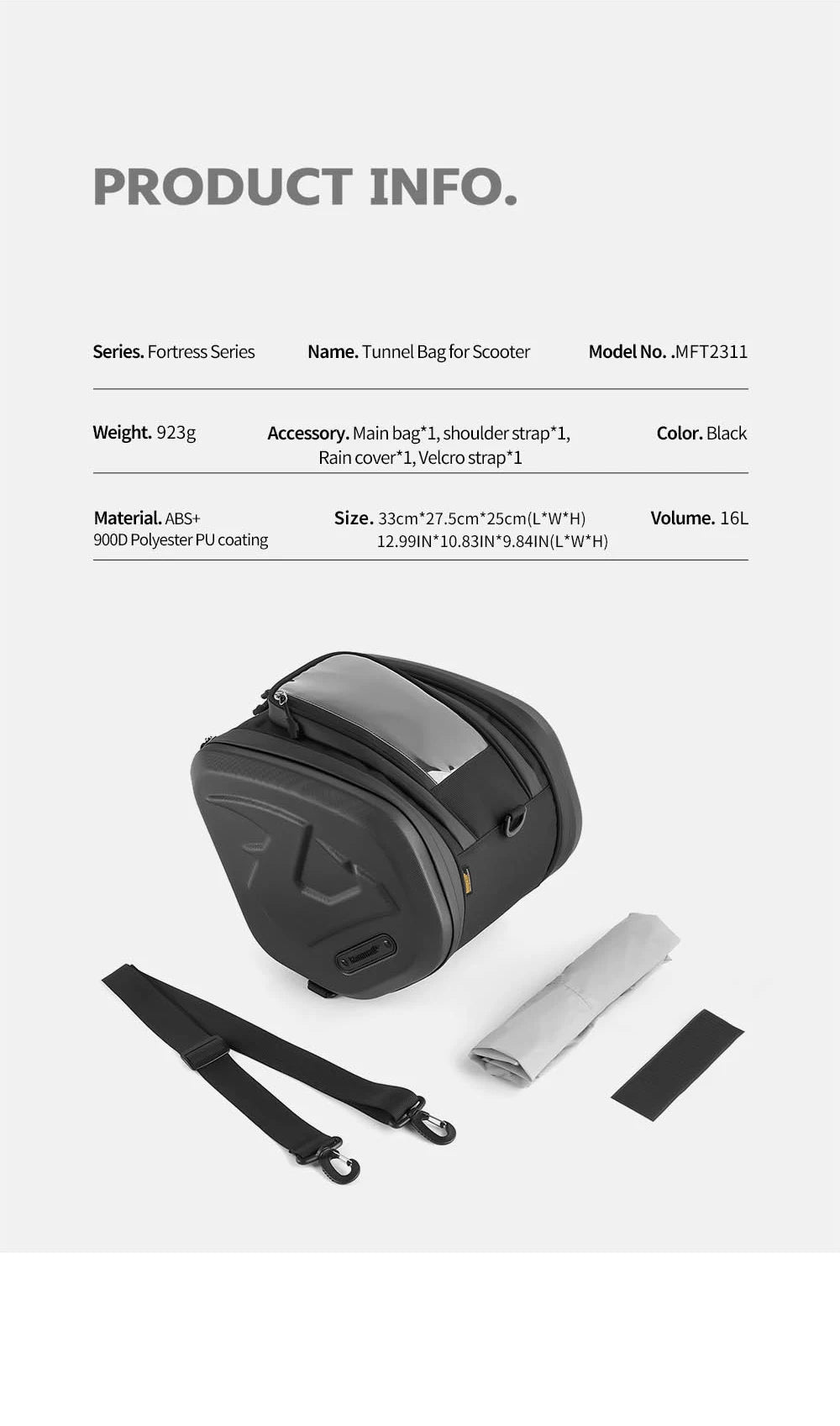 Borsa Tunnel Rigida per Scooter Voge Sfida SR250GT / SR4 MAX 16L con Copertura Antipioggia