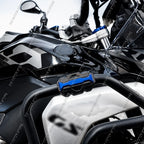 Blue crash bar protector block on engine guard bar