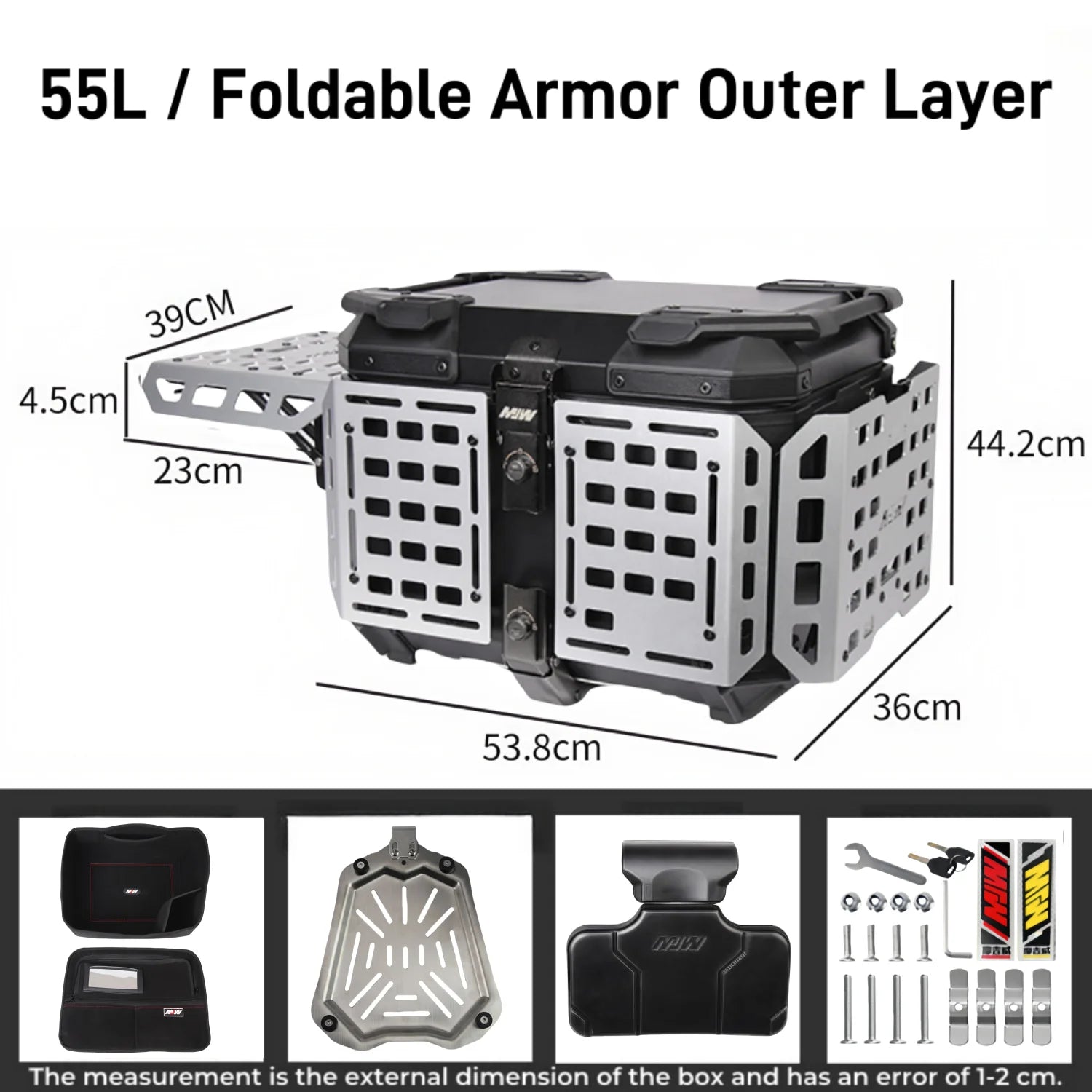 55L / 65L Aluminum Motorcycle Top Box – Folding Armor Rear Luggage with Backrest