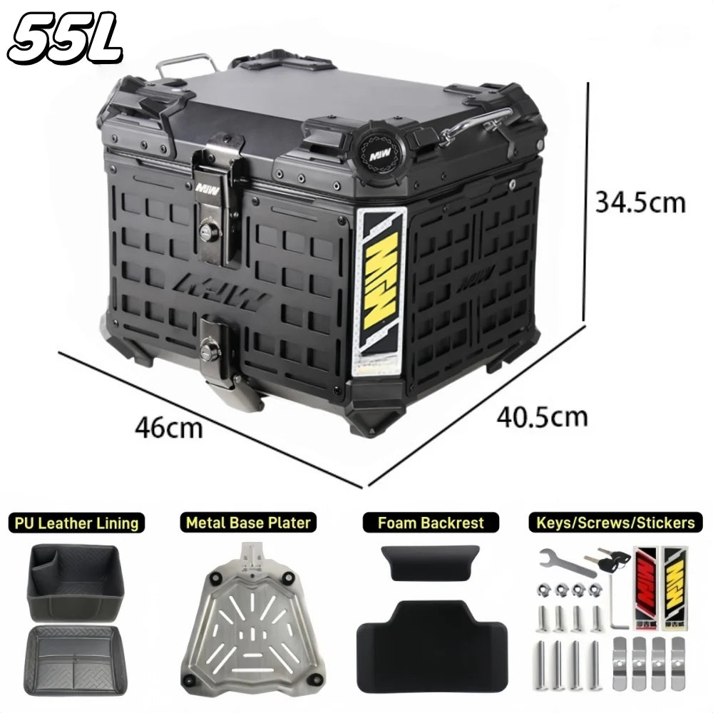 55L / 65L Aluminum Motorcycle Top Box – Waterproof Armor Rear Luggage with Backrest