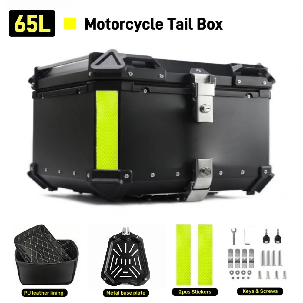 65L Aluminum Motorcycle Top Box - Waterproof Rear Trunk with Quick Release Mount