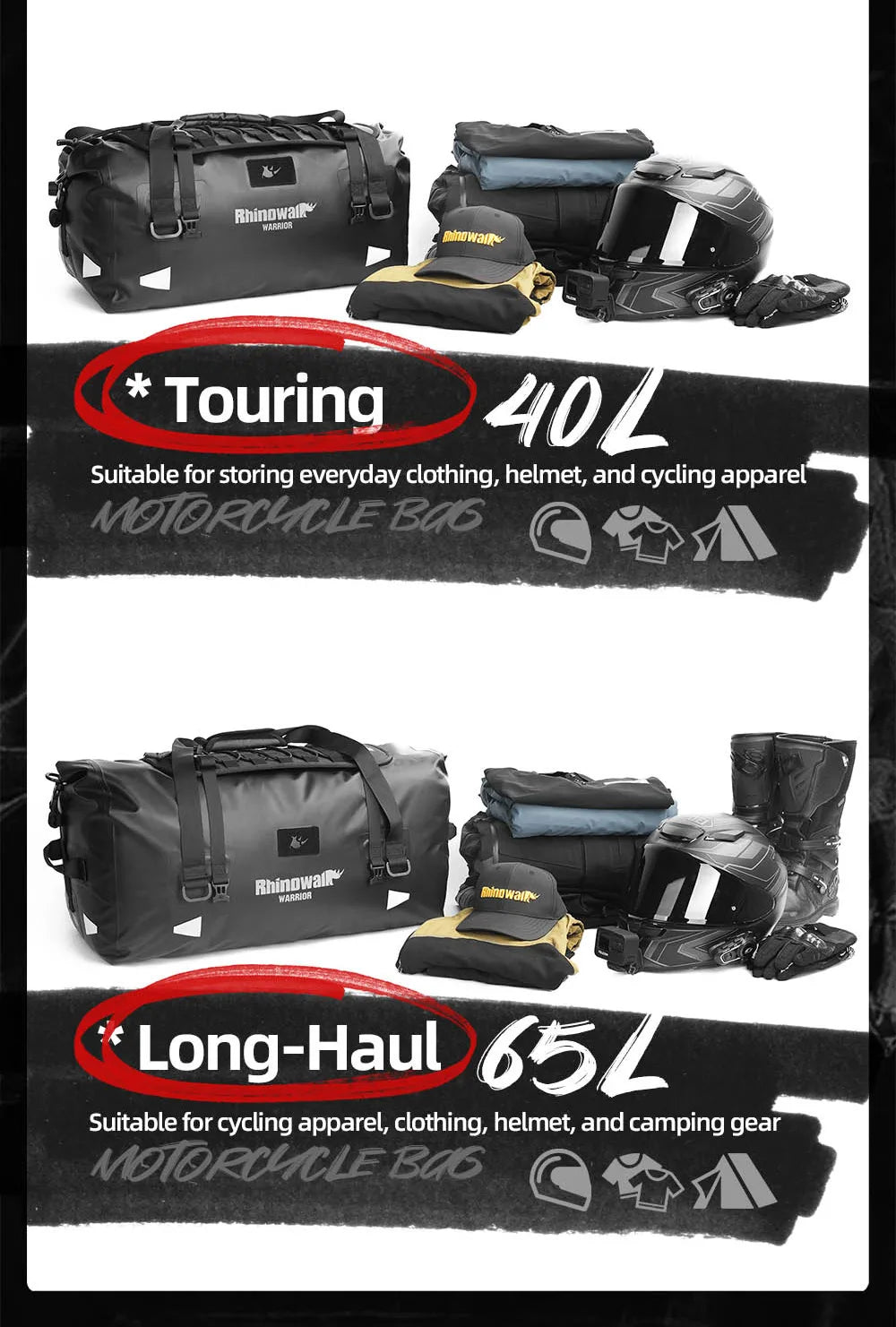 Rhinowalk Waterproof Motorcycle Tail Dry Bag - Modular 20L to 65L Rear Luggage