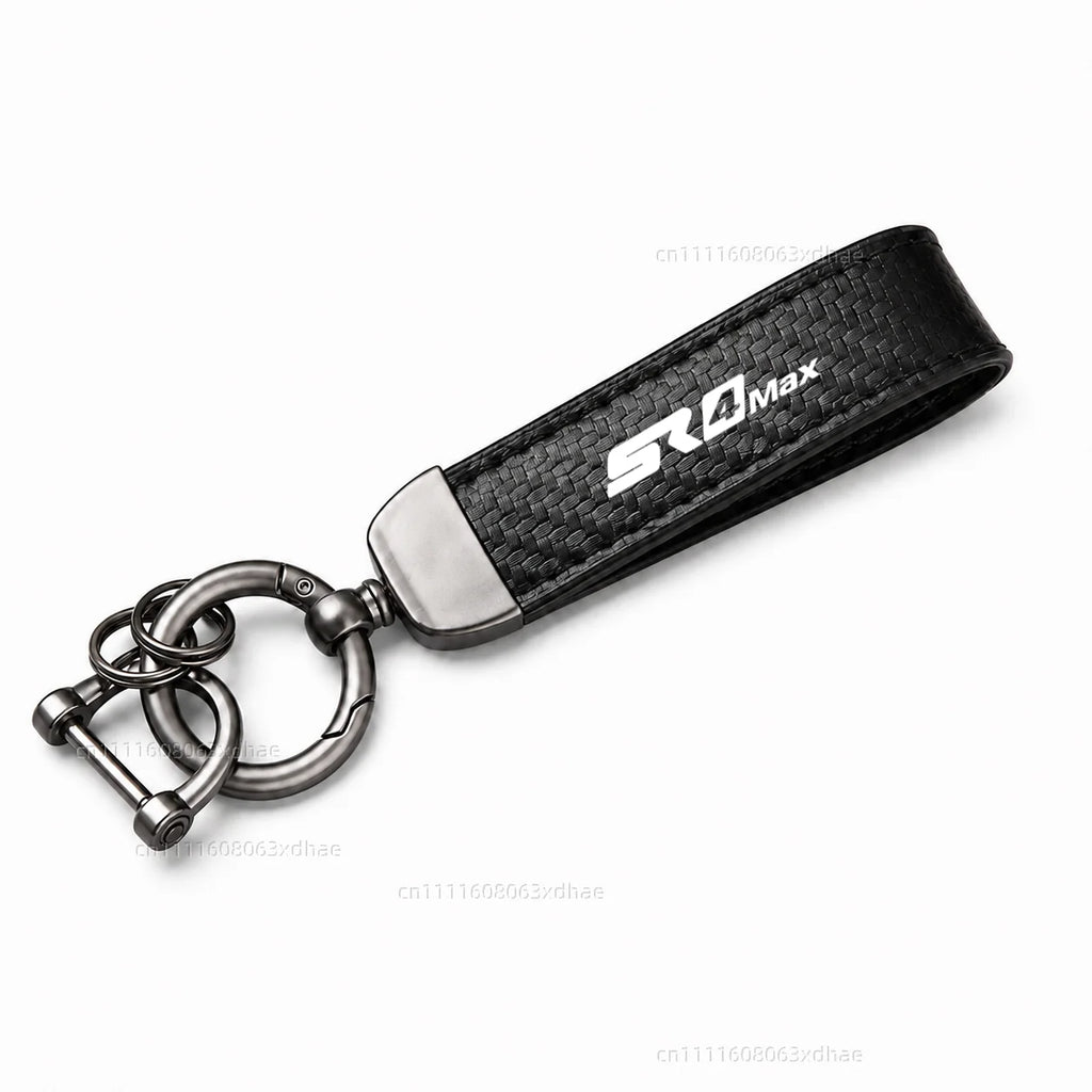 Black carbon leather SR4 MAX keyring with horseshoe clip