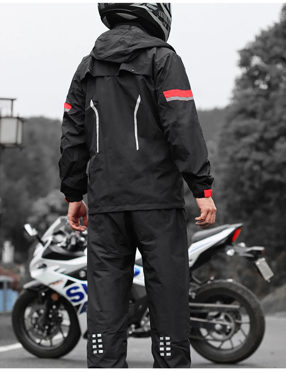 Traje de lluvia para moto reflectante con capucha desmontable, chaqueta y pantalón – foto 10