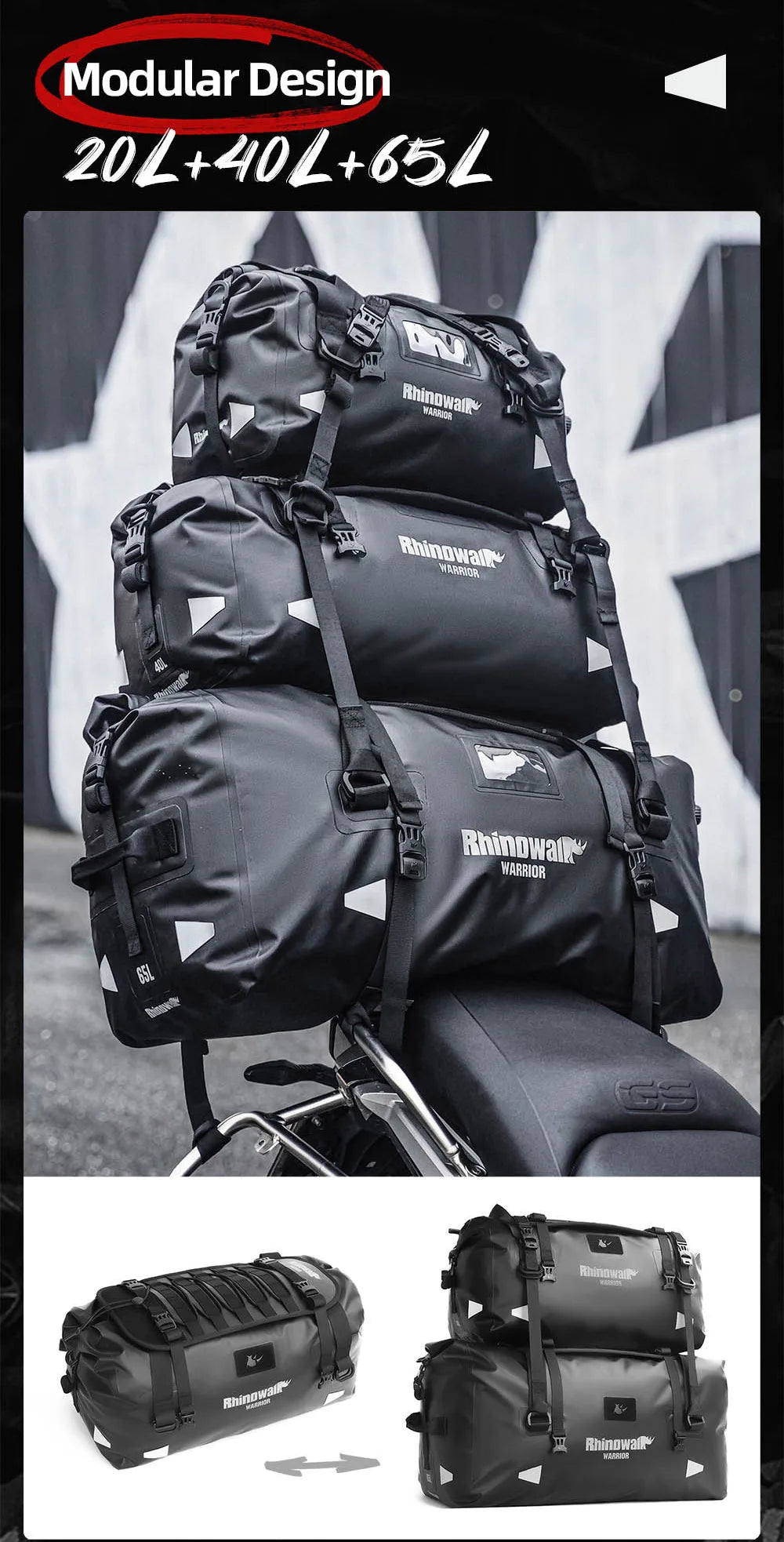 Rhinowalk Waterproof Motorcycle Tail Dry Bag - Modular 20L to 65L Rear Luggage