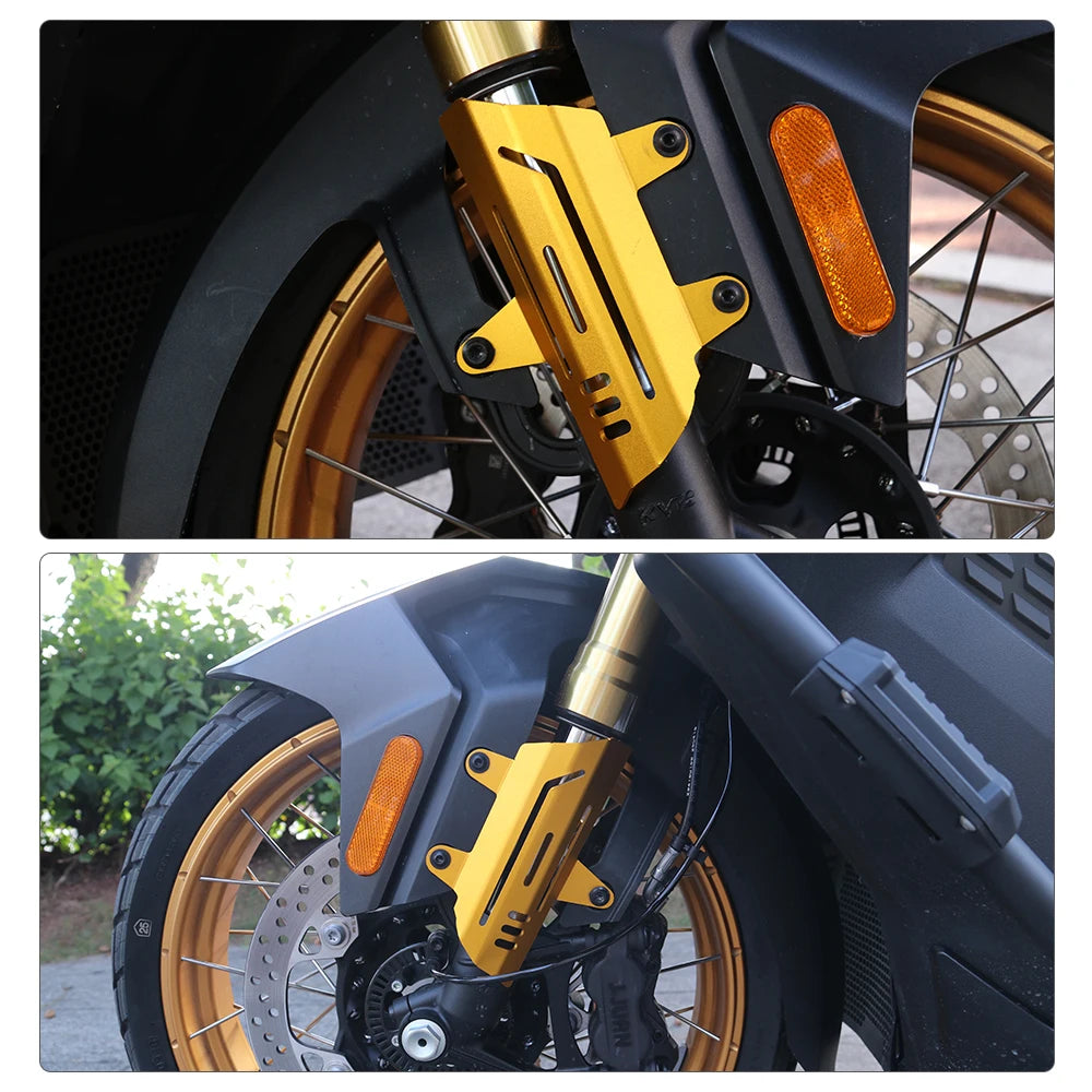 Gold fork guards installed on SR450X front wheel