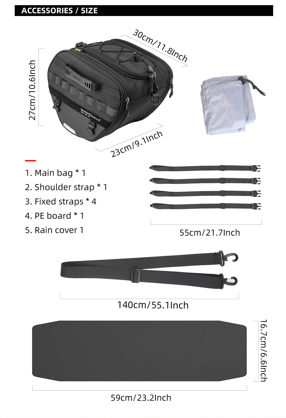 Rhinowalk 15L Motorcycle Tunnel Bag – Waterproof Scooter & Tail Seat Bag with Rain Cover