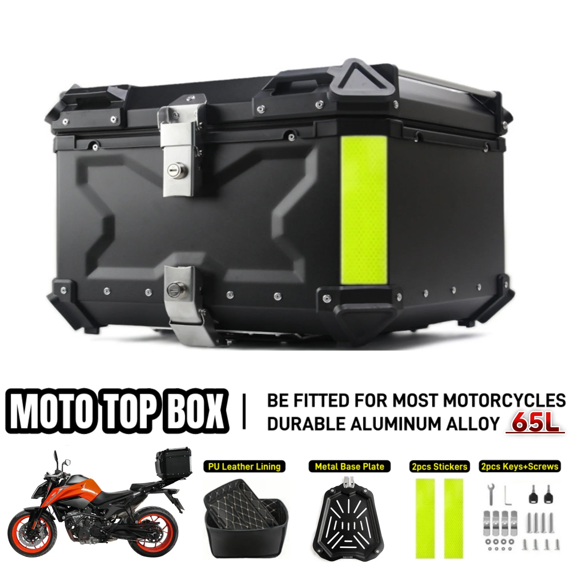 Bauletto posteriore per moto in alluminio da 65 litri - Baule posteriore impermeabile con attacco a sgancio rapido