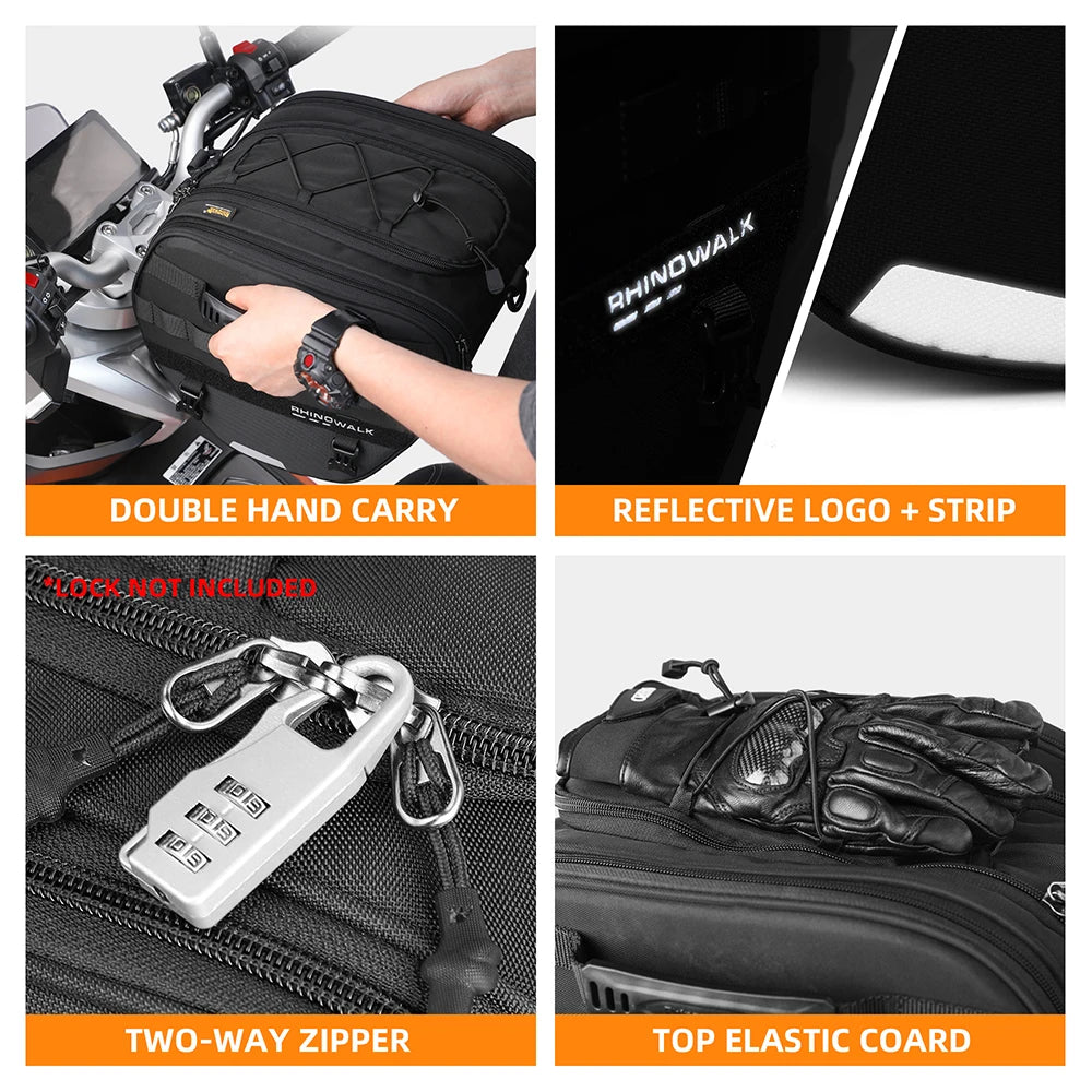Rhinowalk 15L Motorcycle Tunnel Bag – Waterproof Scooter & Tail Seat Bag with Rain Cover