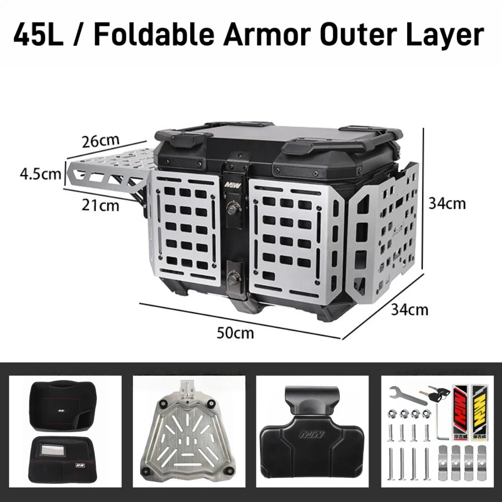 55L / 65L Aluminum Motorcycle Top Box – Folding Armor Rear Luggage with Backrest