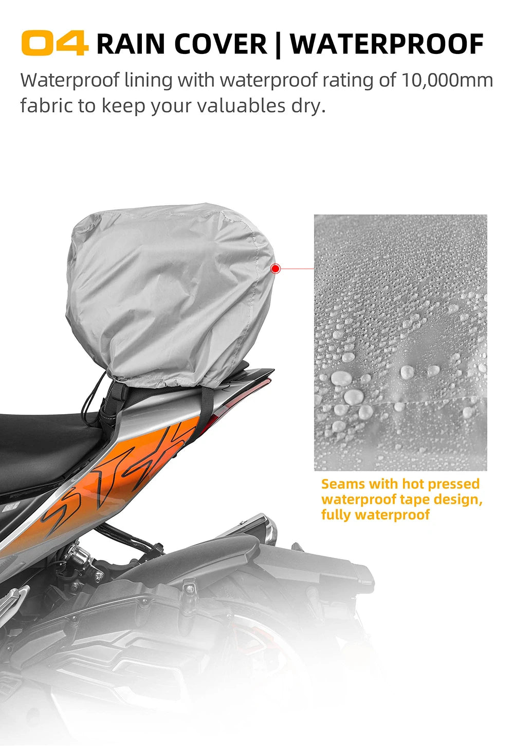 Rhinowalk 15L Motorcycle Tunnel Bag – Waterproof Scooter & Tail Seat Bag with Rain Cover