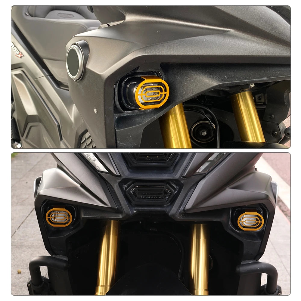 Gold fog lamp guards installed on SR450X front