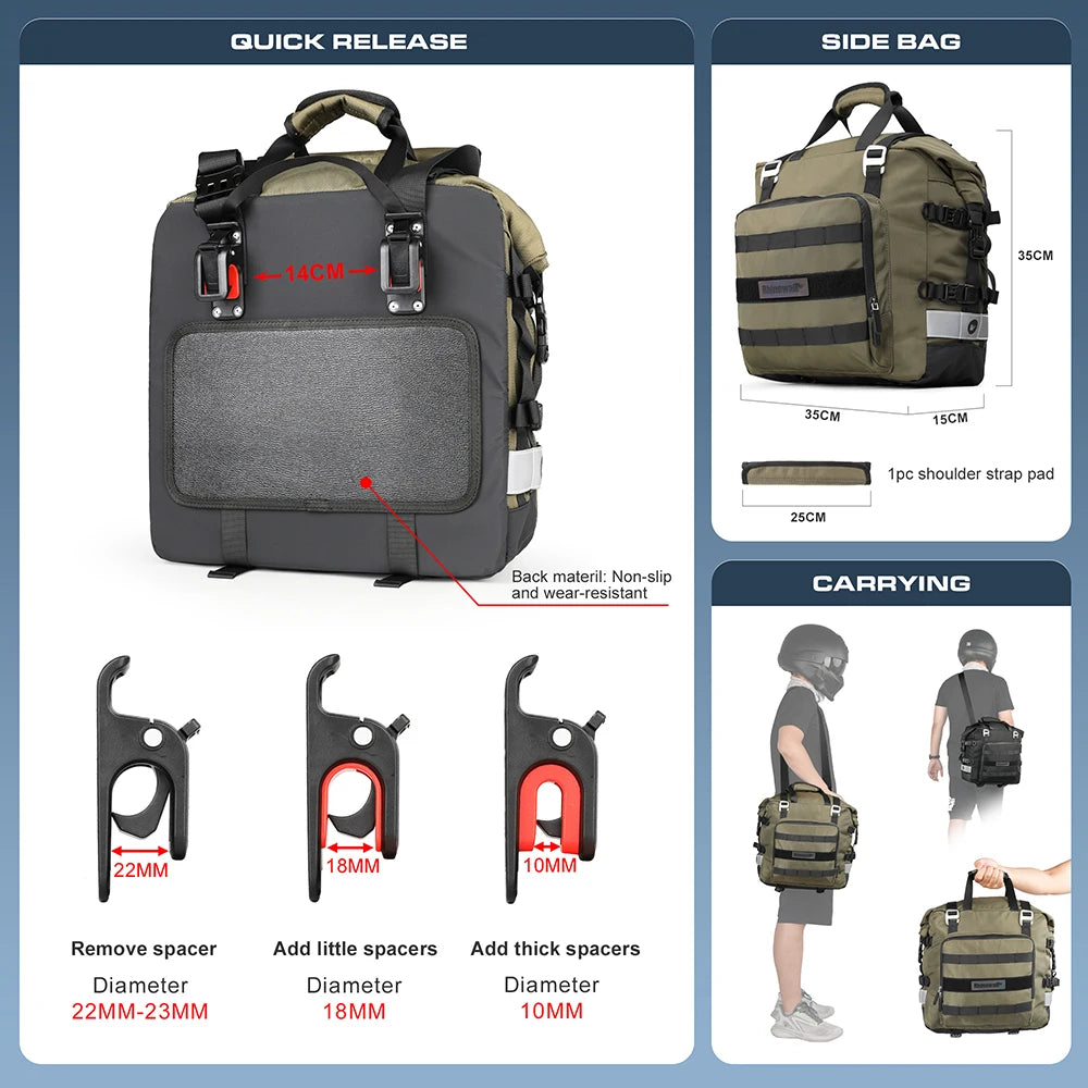 40L Quick Release Motorcycle Saddle Bags with Waterproof Inner Liners Universal