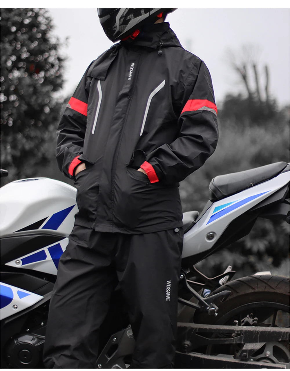 Traje de lluvia para moto reflectante con capucha desmontable, chaqueta y pantalón – foto 9