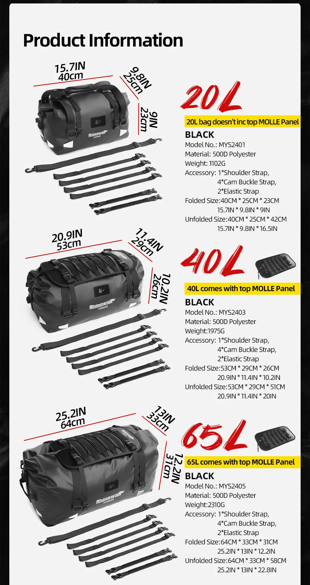 Rhinowalk Waterproof Motorcycle Tail Dry Bag - Modular 20L to 65L Rear Luggage