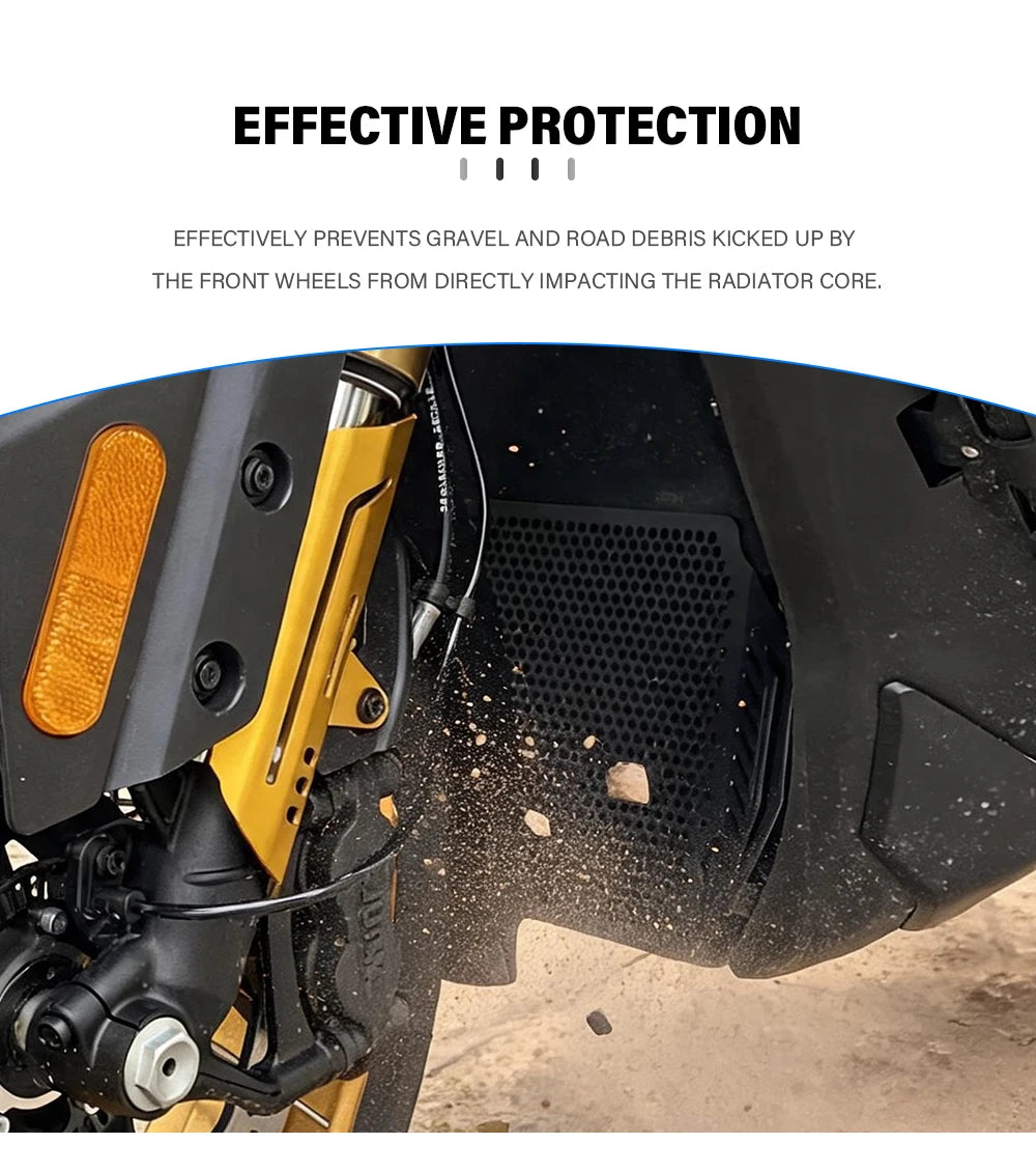 Radiator guard deflecting debris from front wheel