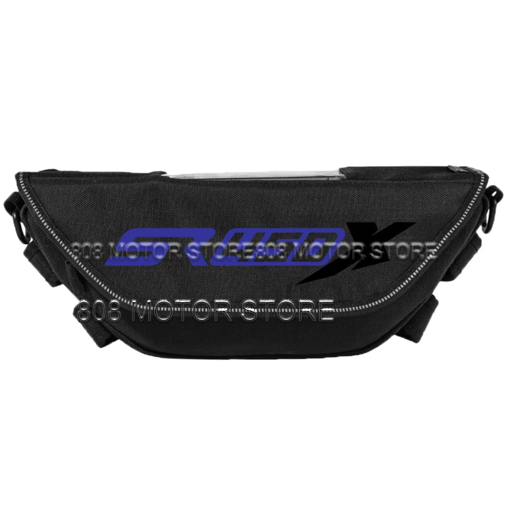 Black SR450X handlebar bag with blue logo