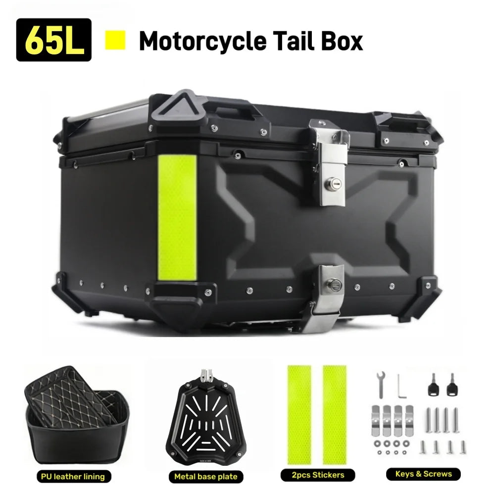 65L Aluminum Motorcycle Top Box - Waterproof Rear Trunk with Quick Release Mount