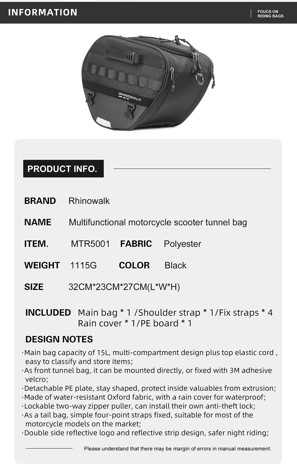 Rhinowalk 15L Motorcycle Tunnel Bag – Waterproof Scooter & Tail Seat Bag with Rain Cover