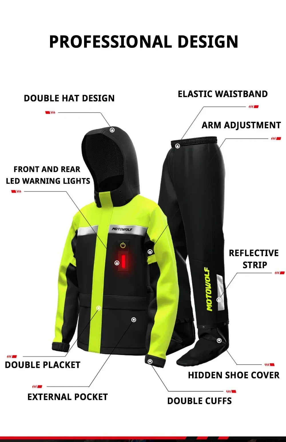 LED Reflective Waterproof Motorcycle Rain Suit Jacket & Pants