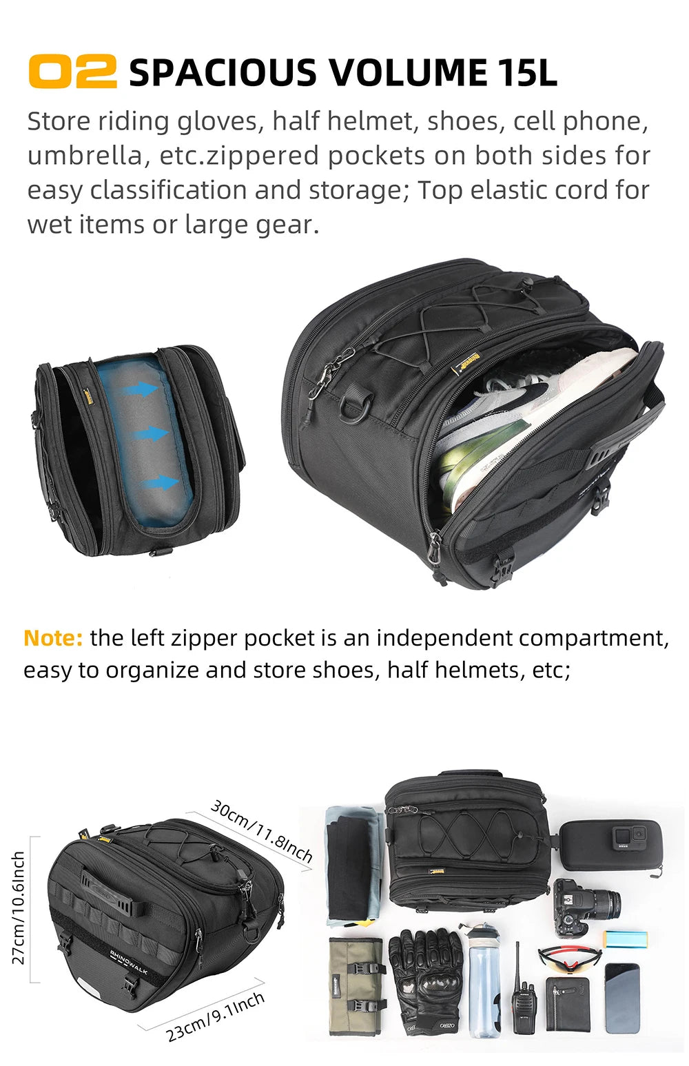 Rhinowalk 15L Motorcycle Tunnel Bag – Waterproof Scooter & Tail Seat Bag with Rain Cover