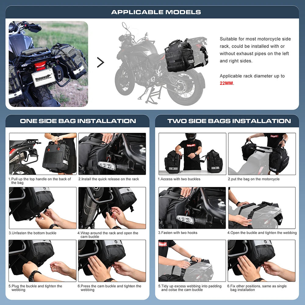 40L Quick Release Motorcycle Saddle Bags with Waterproof Inner Liners Universal