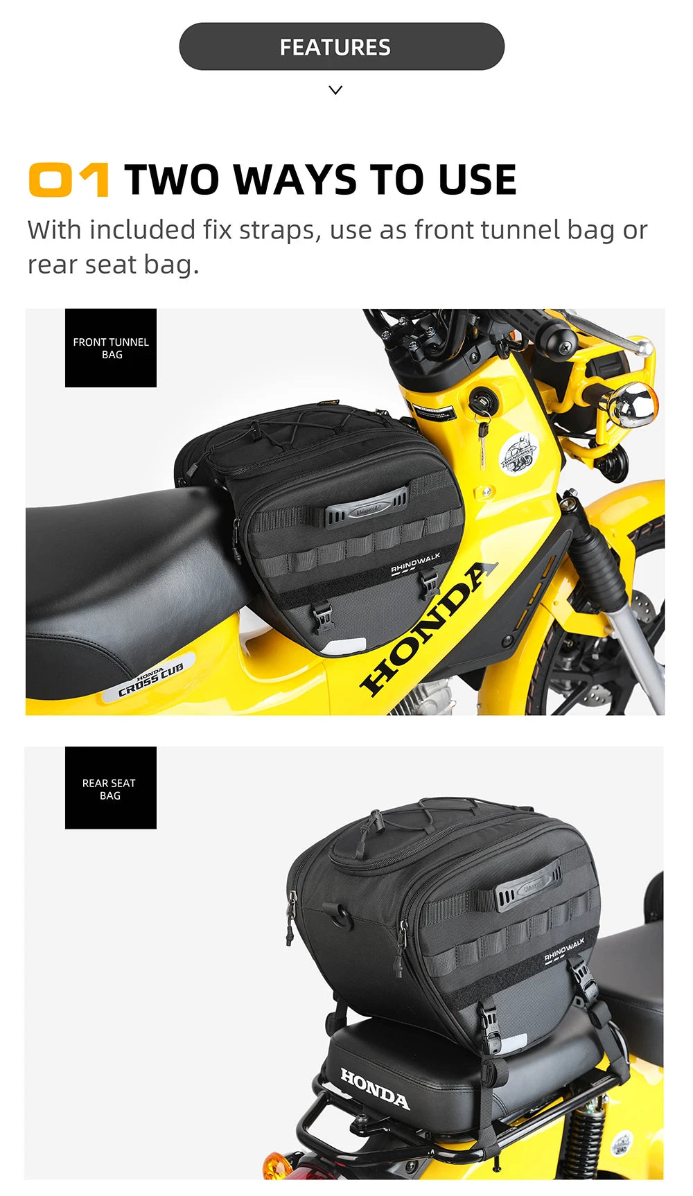 Rhinowalk 15L Motorcycle Tunnel Bag – Waterproof Scooter & Tail Seat Bag with Rain Cover