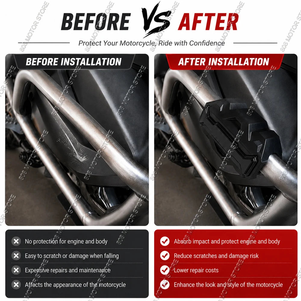 Crash bar before and after installing protector blocks