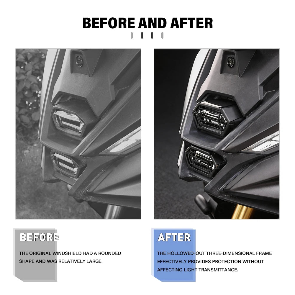 Headlight before and after fitting protector grille