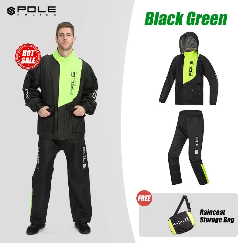 POLE Waterproof Reflective Motorcycle Rain Suit Jacket & Pants Set