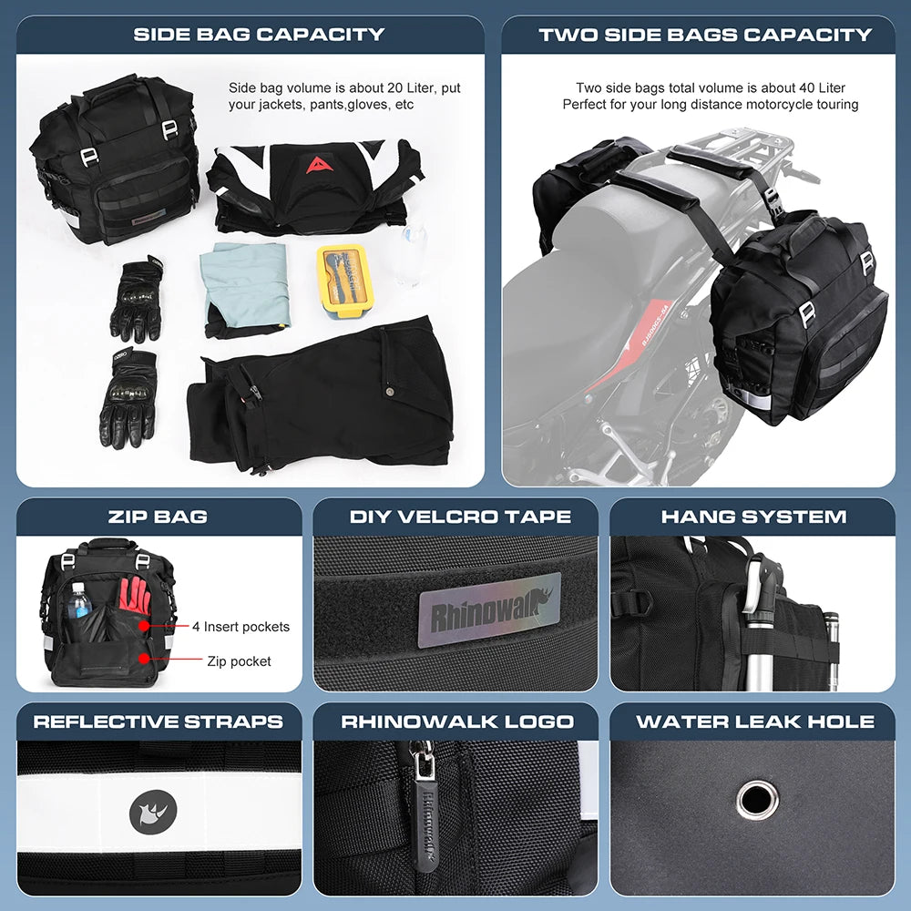 40L Quick Release Motorcycle Saddle Bags with Waterproof Inner Liners Universal