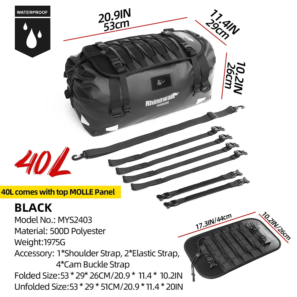 Rhinowalk Waterproof Motorcycle Tail Dry Bag - Modular 20L to 65L Rear Luggage