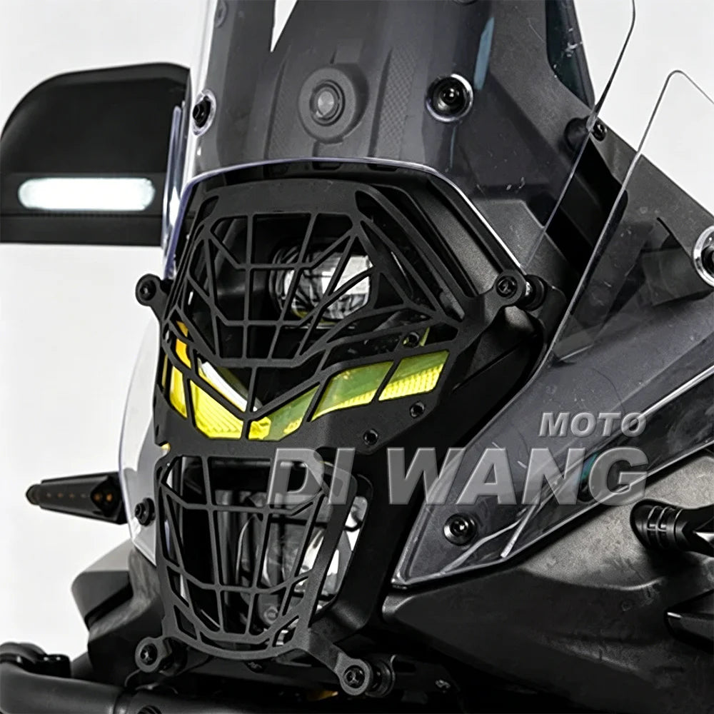 Headlight protector grille with yellow tint installed on VOGE DS800X Rally