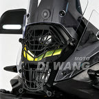 Headlight protector grille with yellow tint installed on VOGE DS800X Rally