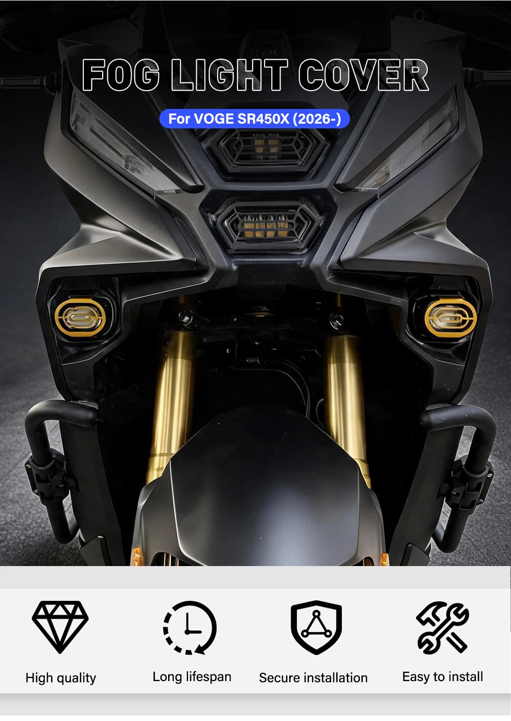 SR450X front view with fog light covers fitted