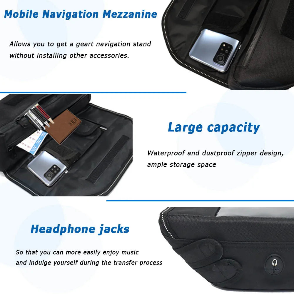 Handlebar bag navigation pocket, capacity and headphone port