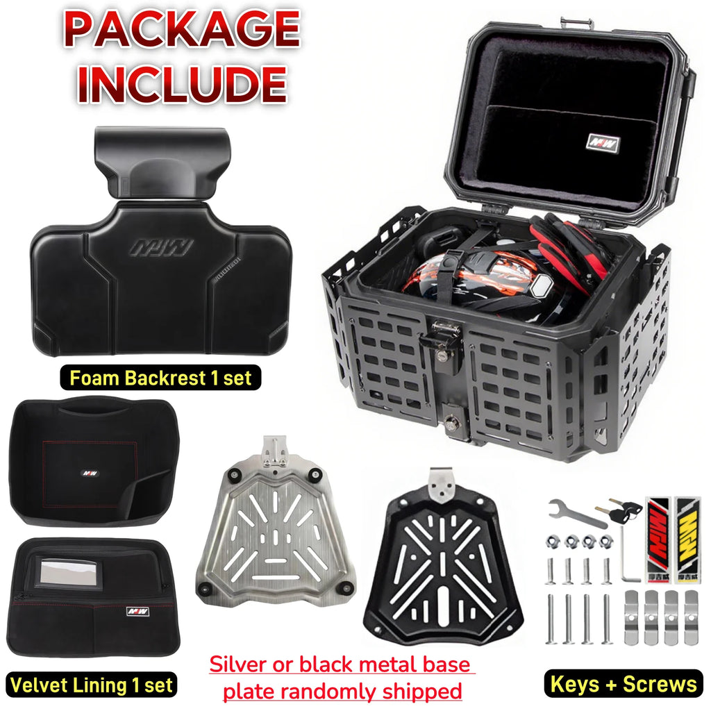 55L / 65L Aluminum Motorcycle Top Box – Folding Armor Rear Luggage with Backrest