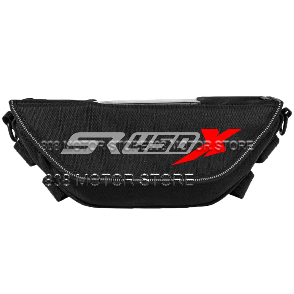 Black SR450X handlebar bag with red X logo