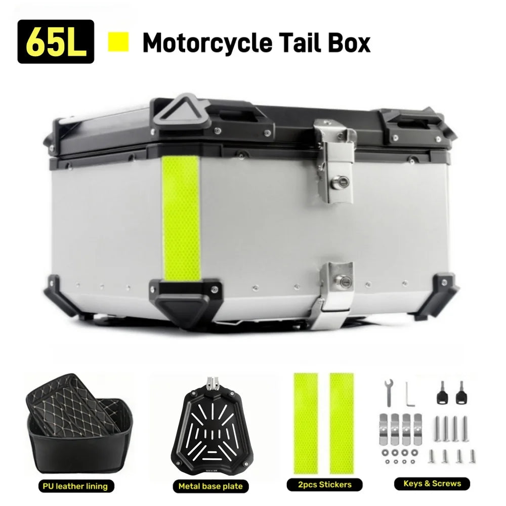 65L Aluminum Motorcycle Top Box - Waterproof Rear Trunk with Quick Release Mount